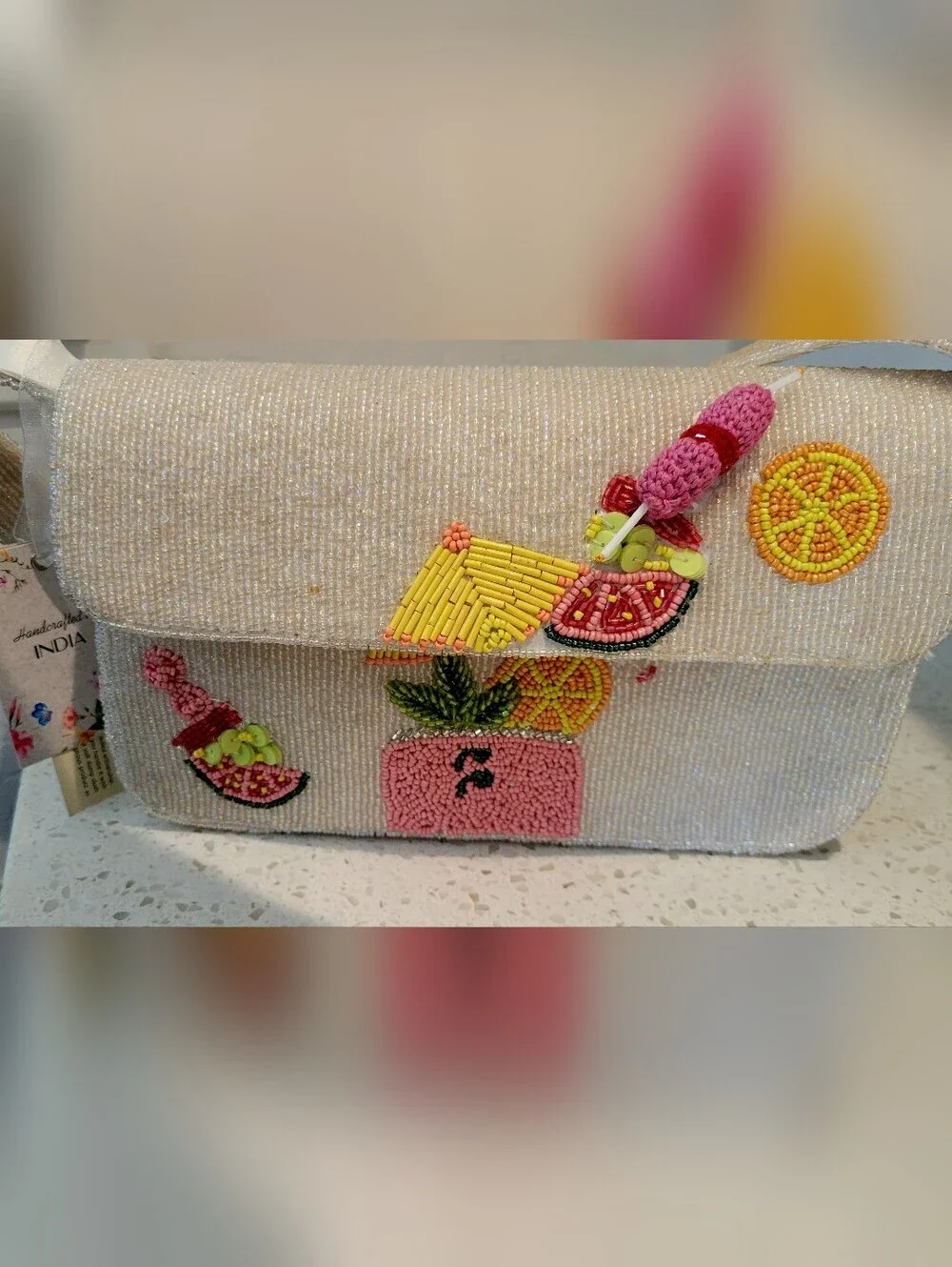 Hand-Beaded White Bag with Colorful Fruit Embroidery